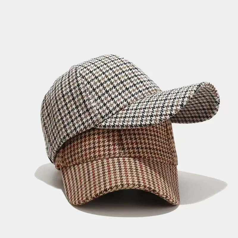 Autumn and Winter New Men Women Warm Woolen Cloth Stripe Check Baseball Caps Versatile Fashion British Style Retro Houndstooth