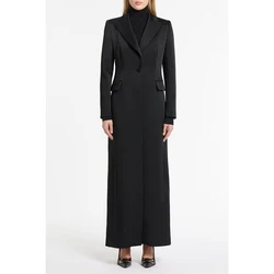 Black Women's Long Jacket Elegant Fashionable Single Breasted Female Daily Coat Formal Ankle Length Dress jaqueta feminina