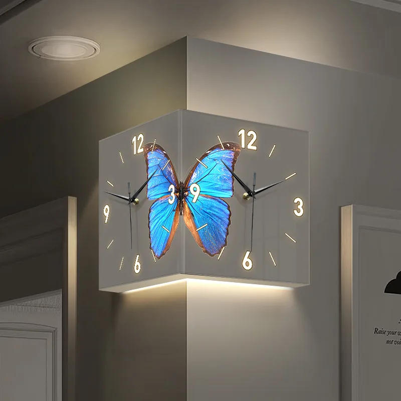 Butterfly double-sided corner wall clock, household living room wall corner luminous light without punching