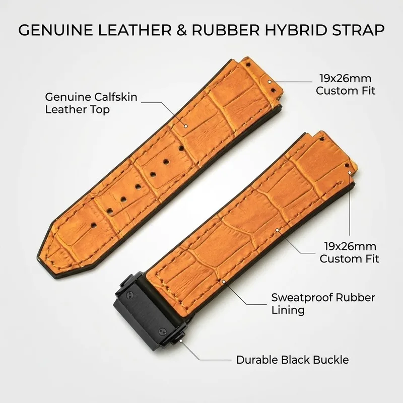 Genuine Leather Strap 19x26mm Rubber Watch Band for Hublot Big Bang Classic Fusion Series Orange Alligator Pattern Bracelet