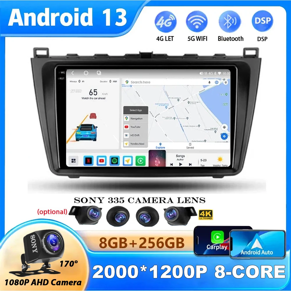 

QLED 2K Android 13 Car Radio For Mazda 6 GH 2007 - 2012 Multimedia Player Navigation GPS WIFI DSP Carplay Auto 4G BT Video DVD