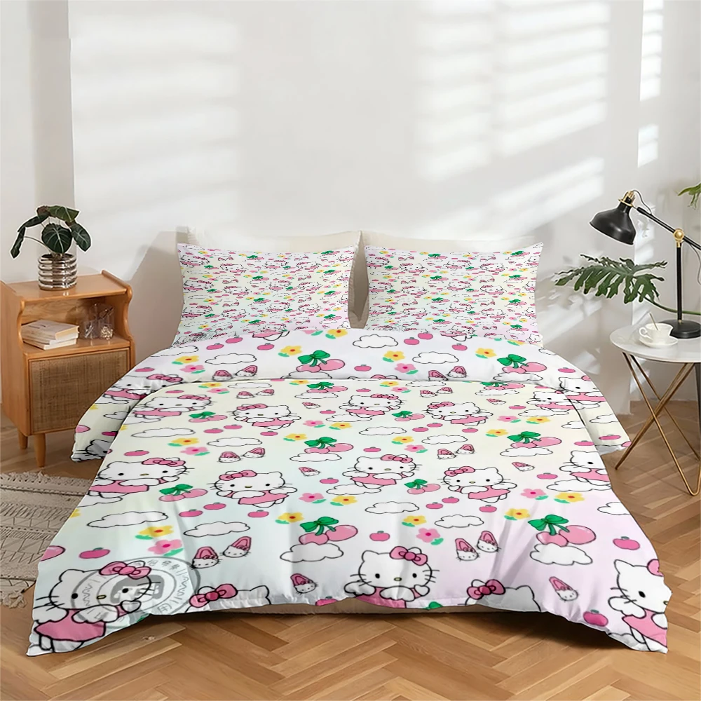 

3-Piece High-Definition Digital Print Bedding Set with Hello Kitty Pattern, Large Floral Design Duvet Cover Set, Includes 1 Duvet Cover + 2 Pillowcases, Suitable for Bedroom, Guest Room, Home Decoration, Polyester Fiber Duvet Cover + Pillowcases, Ultra-So