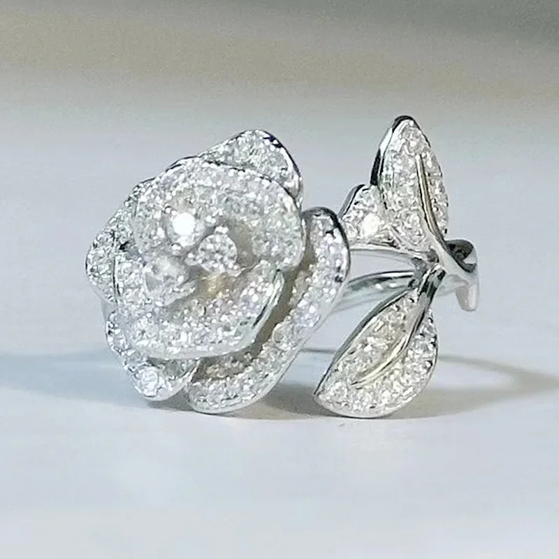 Camellia Ring With High Carbon Diamond 100% Real 925 Sterling Silver Engagement Wedding Band Rings for Women Bridal Jewelry Gift