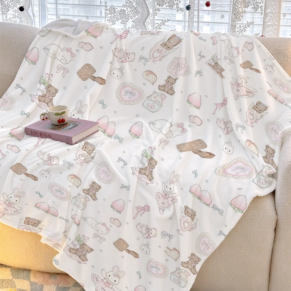 Cute Flannel Blanket Kawaii Cartoon Print Teddy Bear Rabbit Strawberry Cake Soft Warm Throw Sofa Baby Camping Car Cover