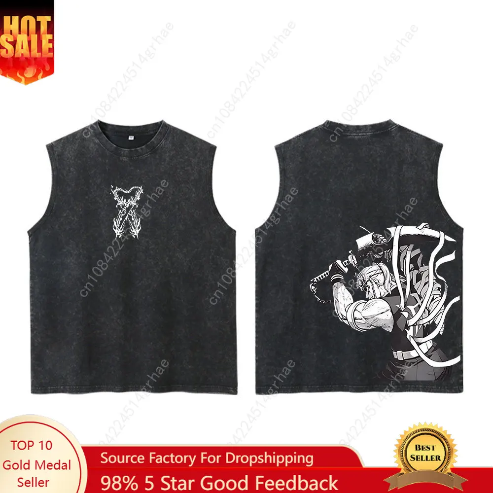 

Men's Washed Tank Tops Anime Demo Slayer Print Vintage Cotton Sleeveless T Shirts Running Loose Muscle Gym Workout Top Tees