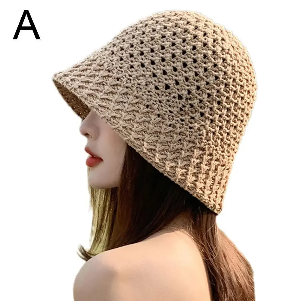 Summer Wide Brim Floppy Hats Folding Women Beach Straw Beach Bucket Hat Fashion Hollow Fisherman Cap 4 Color