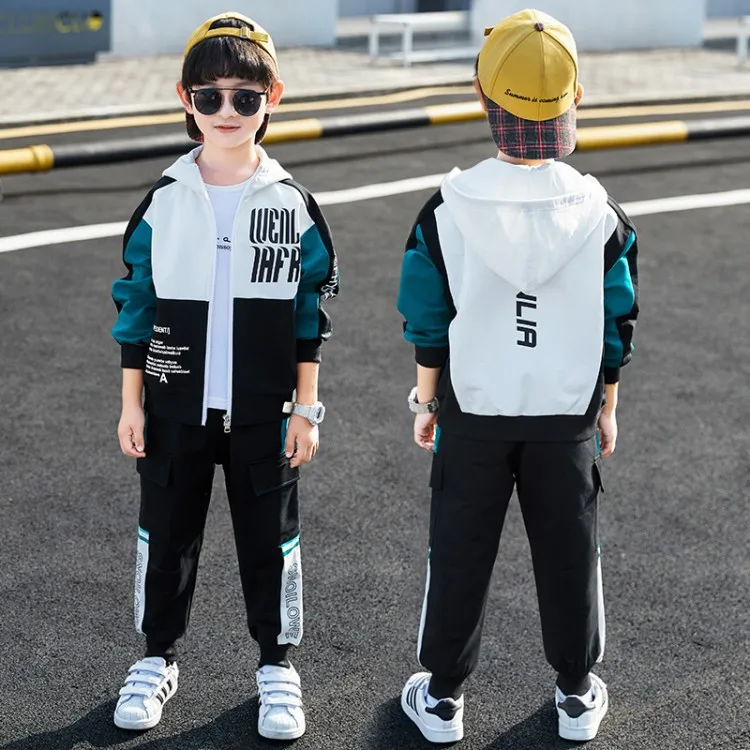 2026 Autumn Winter Tracksuit Clothes Boys Teenager Kids Zipper Splicing Child Set Jacket Hooded + Striped Pant 12 14 15 16  Year
