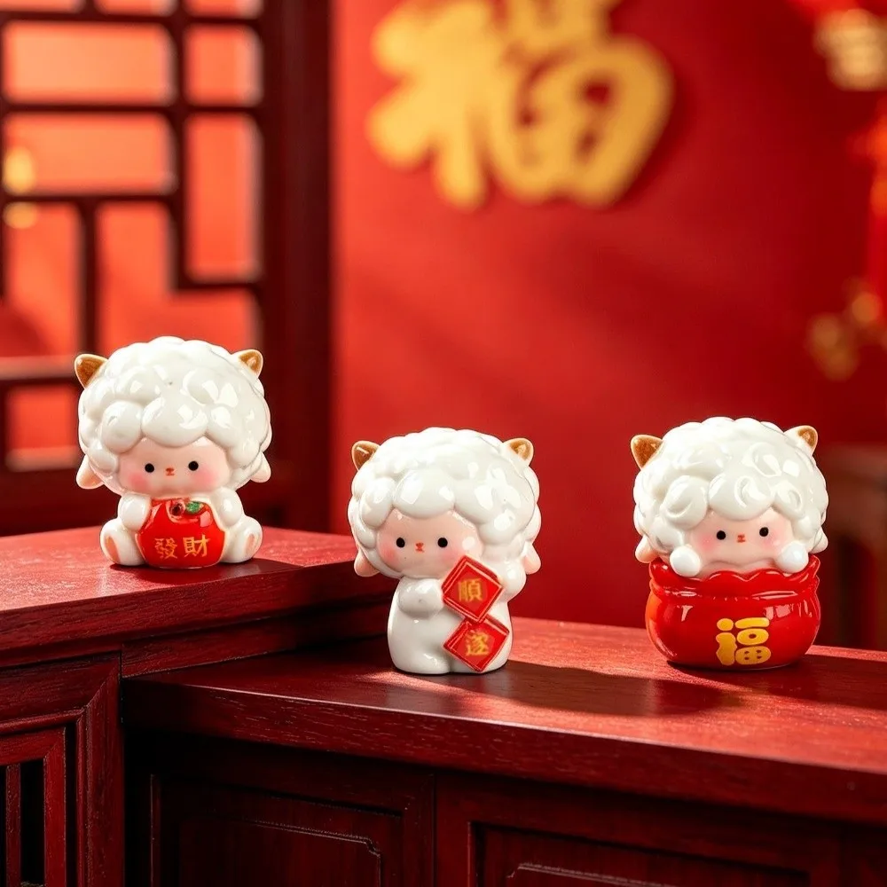 6PCS Chinese Traditional Miniature Lamb Ornament Resin Festive Zodiac Sheep Figurine Cute Blessing Sheep Desk Accessories