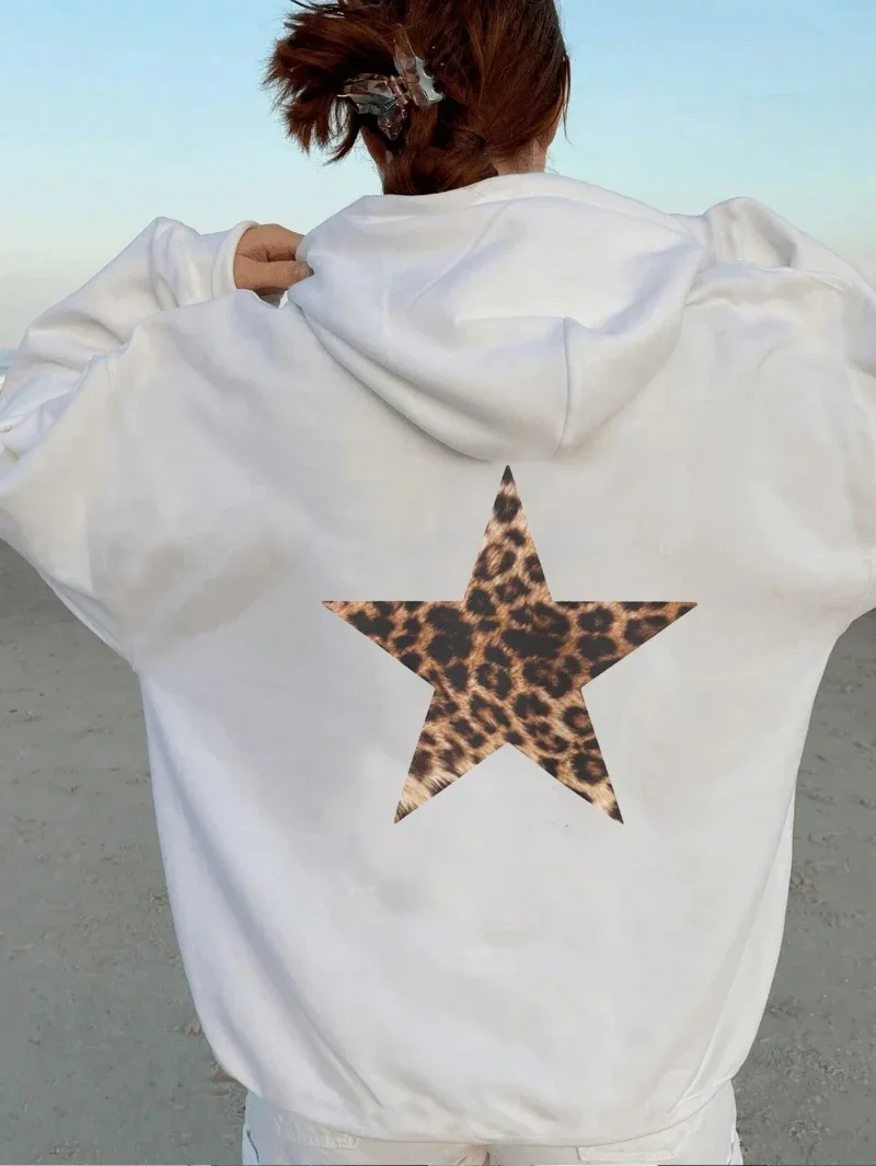 2026 Casual Womans Hoodies Leopard Pentagram Pattern Printing Pullovers Loose Pocket Warm Fleece Sweatshirts Autumn Female Top