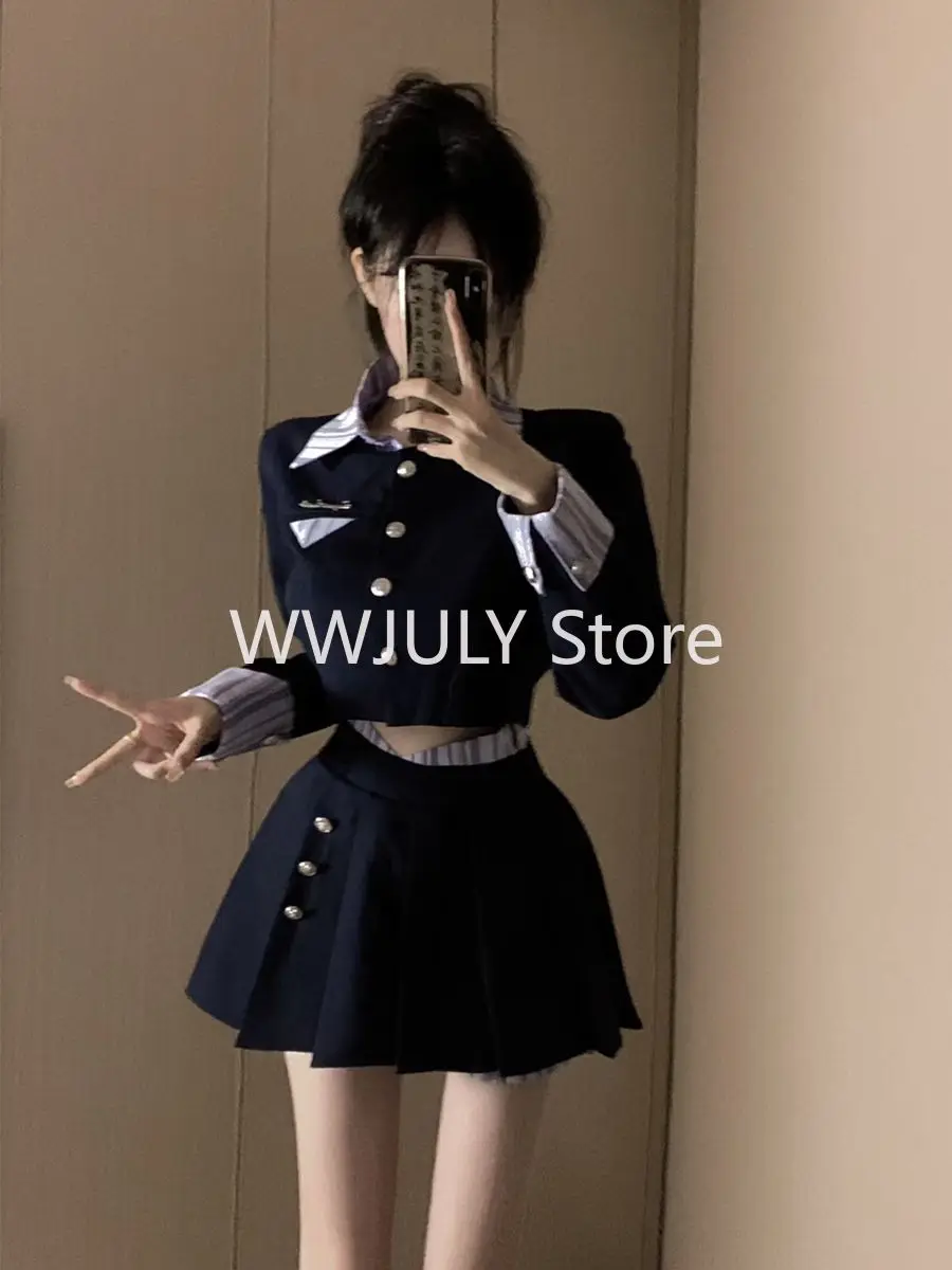 20024 New Uniform College Style Fashion Blazer Set Patchwork Elegant Crop Tops + Slim Sweet Y2k Mini Skirt Korean Suit Woman