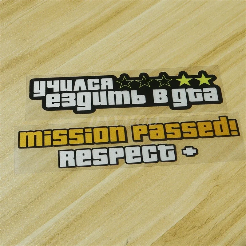 Pegatina de vinilo impermeable con temática de GTA, calcomanía de moda para decoración de motocicletas, coches y camiones, con la frase 'Mission Passed Respect'