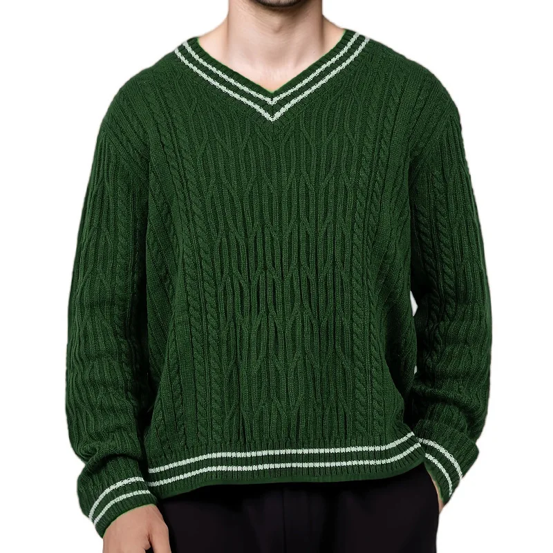 

Autumn And Winter New Color Matching Knitted Sweater V-neck Long-sleeved Pullover Lazy Wind Sweater Men