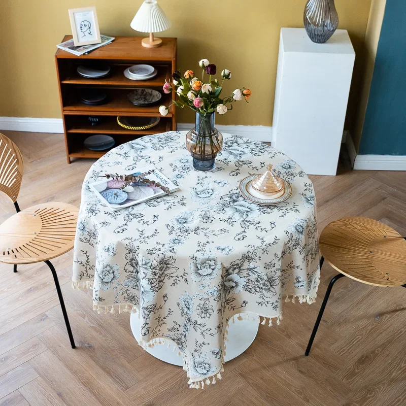 Bawełniana lniana obrus z frędzlami Retro chińska piwonia z nadrukiem do dekoracji domu koreańska prostokątne obrusy restauracja