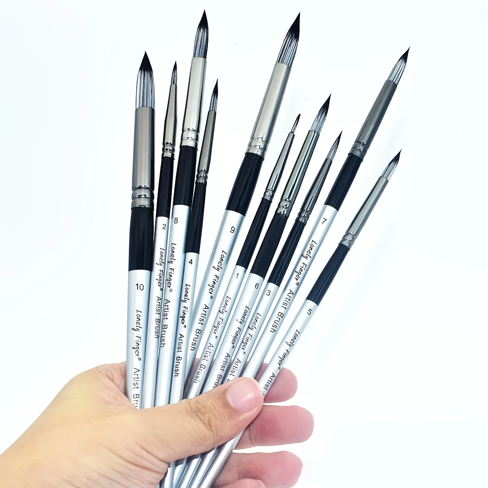 10pcs Professional Round Paint Brush Set with Wooden Handles - Durable Nylon Bristles for Acrylic, Watercolor, Gouache