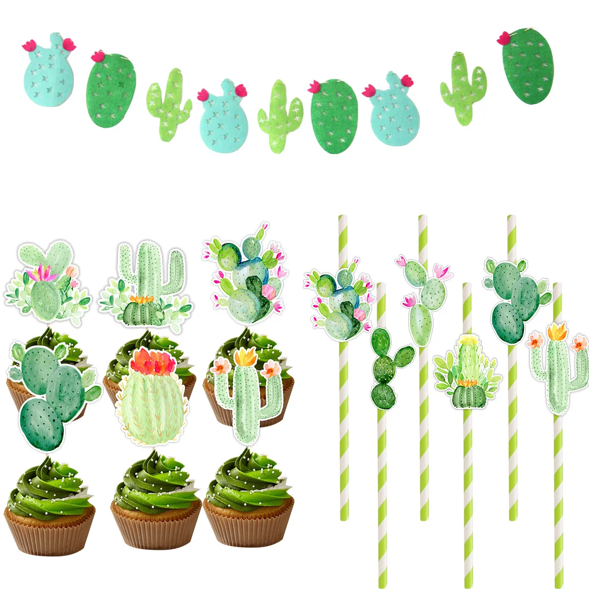 1pack Cactus Straws Multi Cactus Cupcake Toppers For Happy Birthday Decorations Summer Tropical Party Gifts Wrapping Supplies