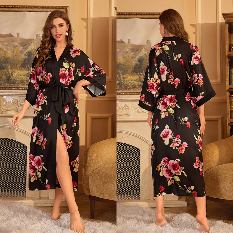 

Green Long Kimono Bathrobe Gown Women Elegant Flower Print Sleepwear Sexy V-Neck Robes Oversize Home Wear Intimate Lingerie