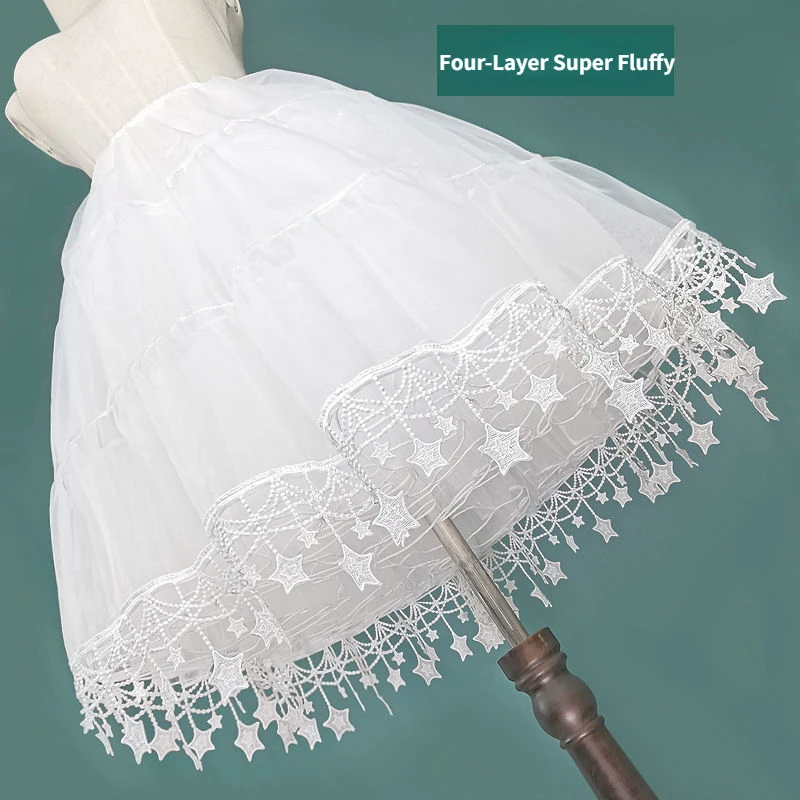 Women Star Tassel Trim Petticoat Fluffy Bubble Tutu Skirt Crinoline Underskirt No Hoop Boneless Lolita Medium Length Tulle Skirt