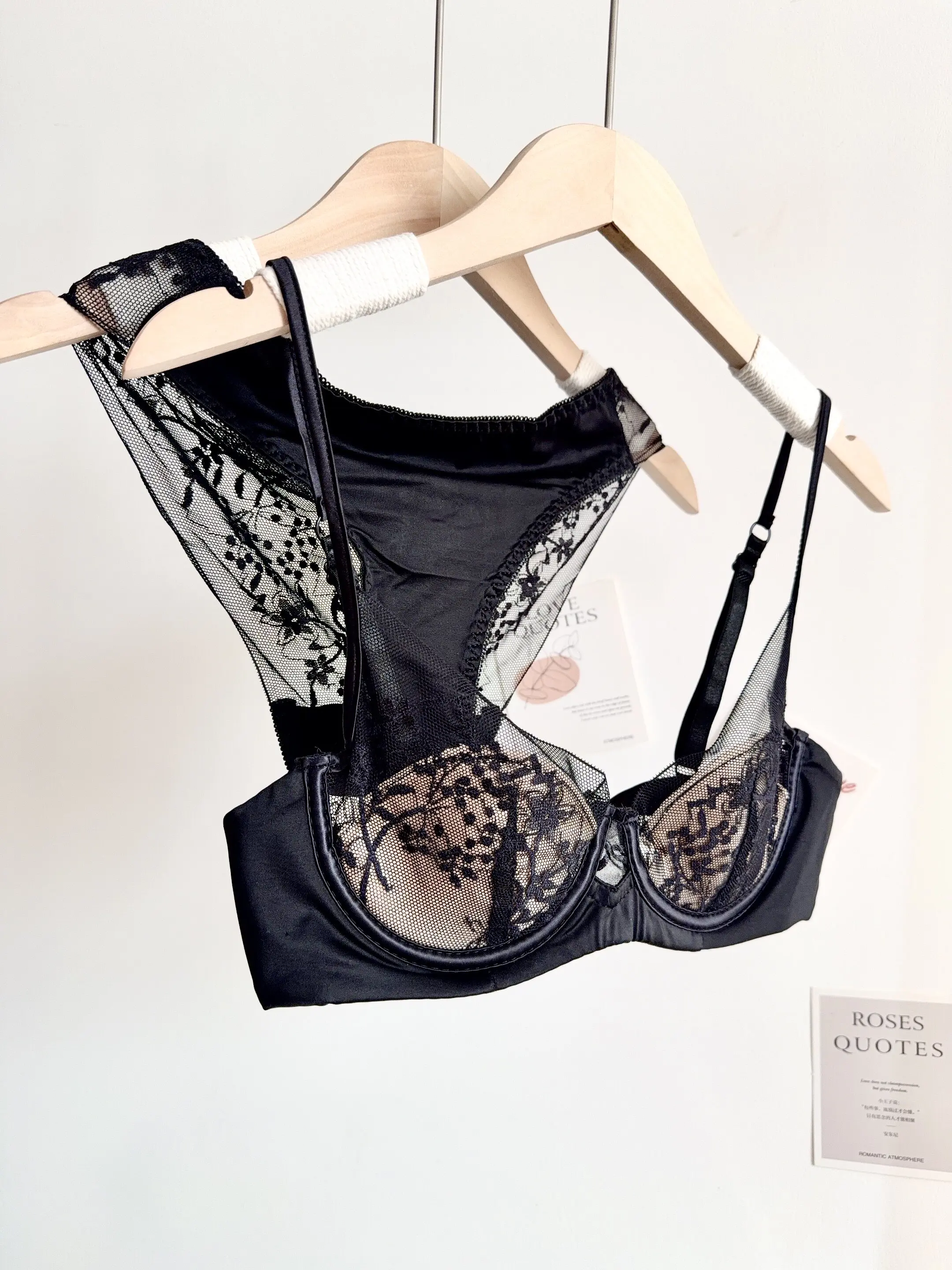 Conjunto de Lencería de Encaje Cómodo para Mujer, Sujetador con Aros Suaves, Copa Delgada, Push-Up, Transpirable, Ropa Interior para Mujeres con Busto Pequeño