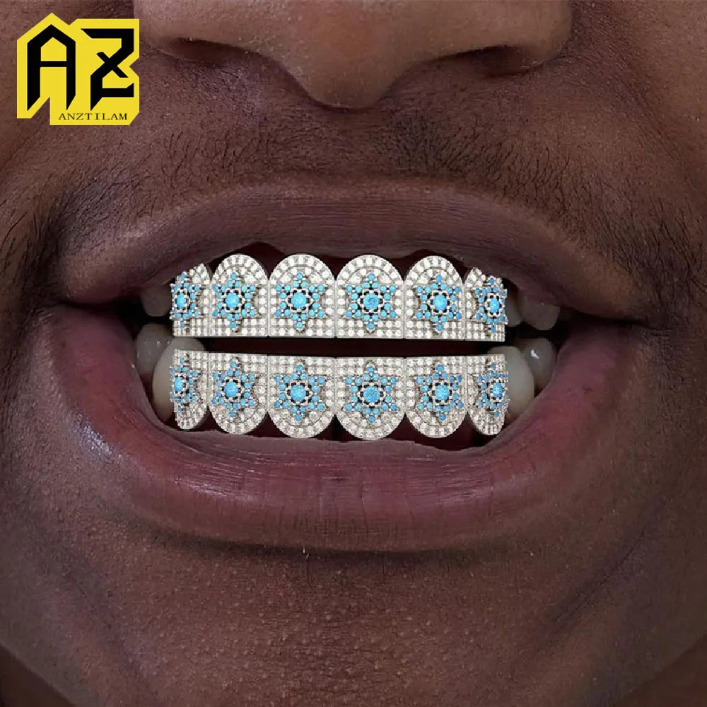 Anztilam Blue Star Grills Iced Out Grillz Tooth Grill Men Women Hip Hop Tooth Grills Caps Brass Fashion Jewelry Free Shipping