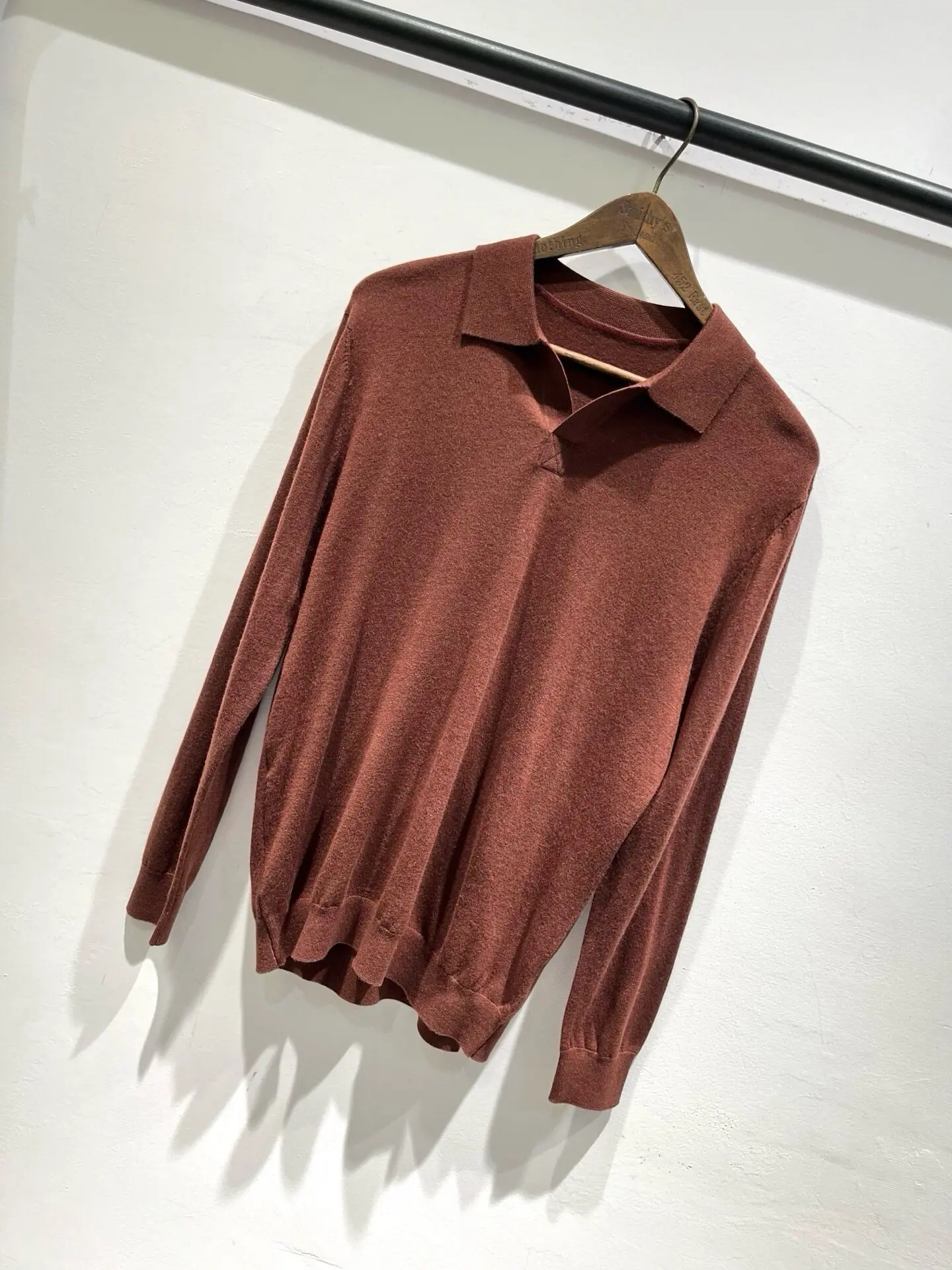 Italian autumn burgundy wool knitted long-sleeved polo shirt