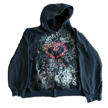 Y2k gótico coração impressão solta jaqueta outono roupas vintage estilo japonês emo zip up sweatshirts harajuku cyber grunge hoodies