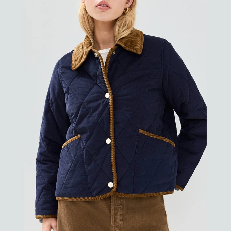 المرأة التباين سروال قصير تقليم مبطن سترة الرجعية التلبيب طوق زر أسفل طويلة الأكمام معطف الشتاء الدافئ معاطف امرأة خارجية