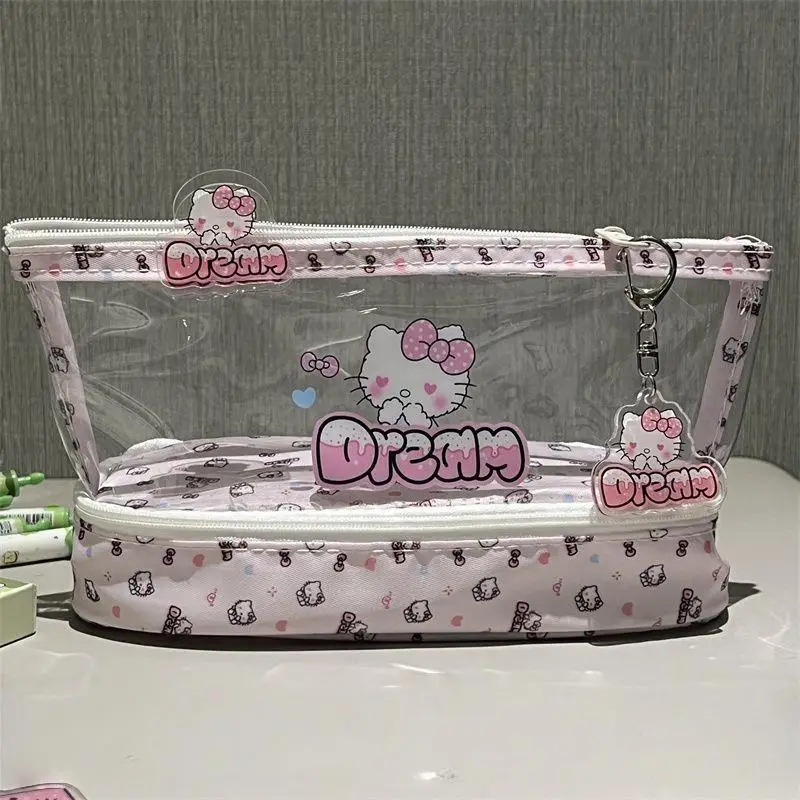 Kawaii مرحبا كيتي طبقات مزدوجة مقلمة الكرتون سعة كبيرة طالب القرطاسية حقيبة أقلام مستحضرات التجميل حقيبة التخزين