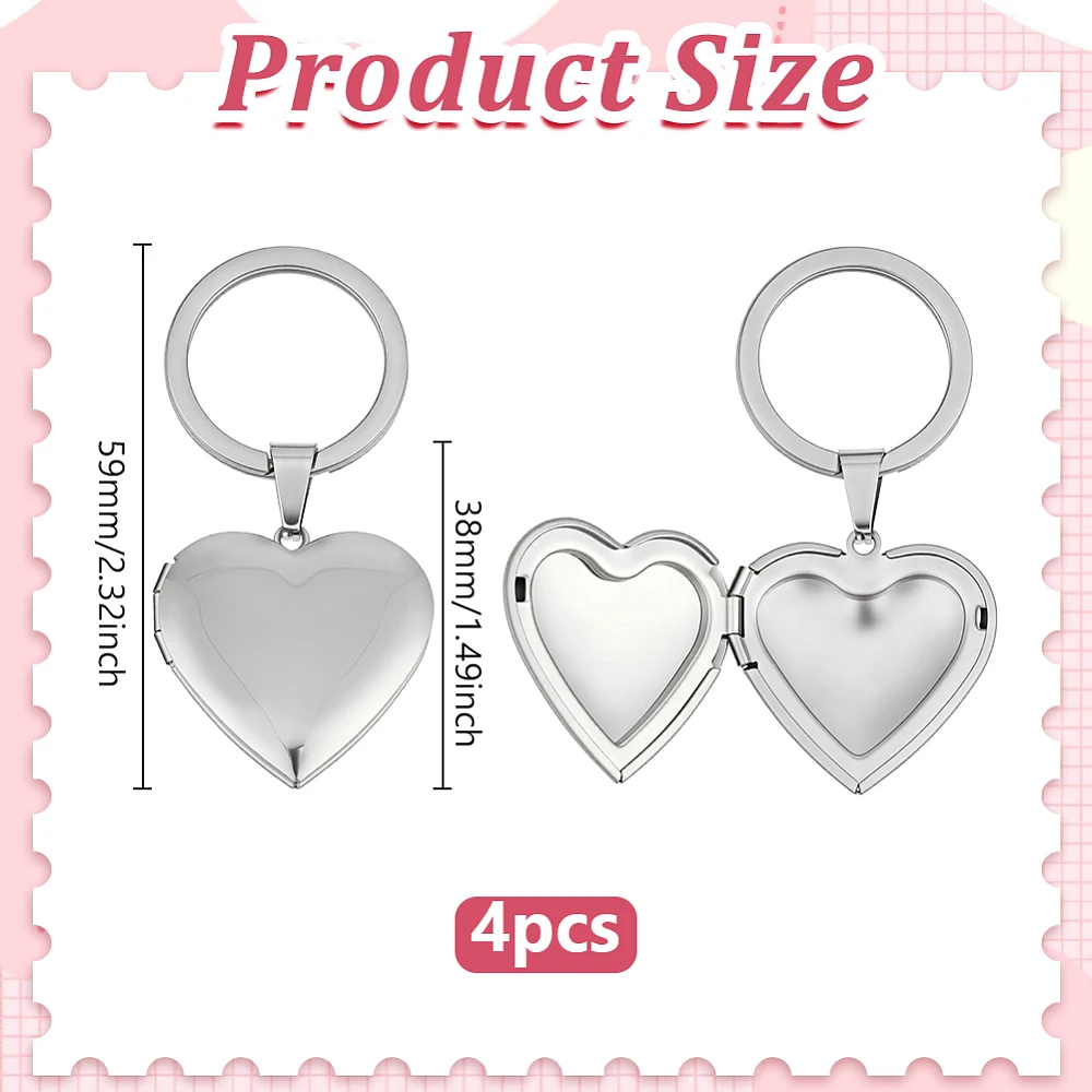 4PCS Heart Locket Keychain 1.4inch Locket Key Ring Gold Photo Frame Charms for Valentine's Day Anniversary