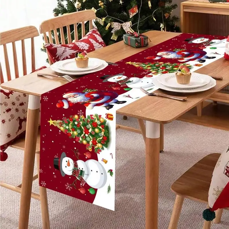 VIKAMA Xmas Table Runner Santa Snowman Christmas Tree Pattern Tablecloth for Dining Room Home Festival Decoration