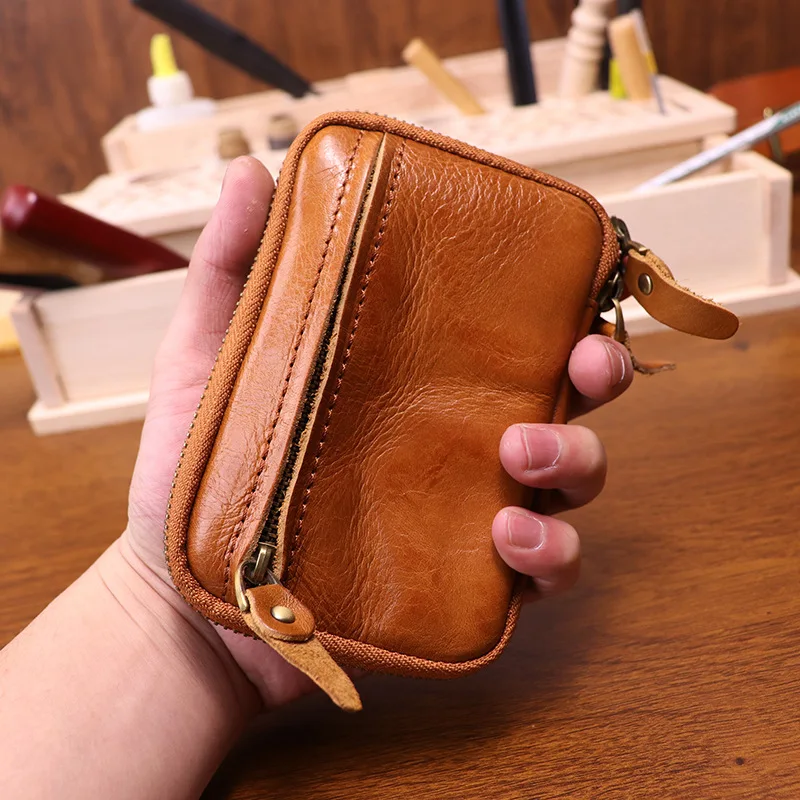 

Vintage Cow Leather Coin Purse for Men Handmade Genuine Leather Change Pouch Key Holder Card Slot Unisex Storage Bag with Zipper