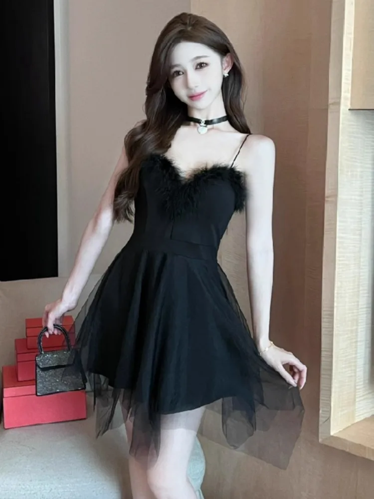 Kimotimo Fairy Birthday Party Princess Dress Sexy Patchwork Fur Spaghetti Strap High Waist Slim Mesh A-line Short Dresses Women