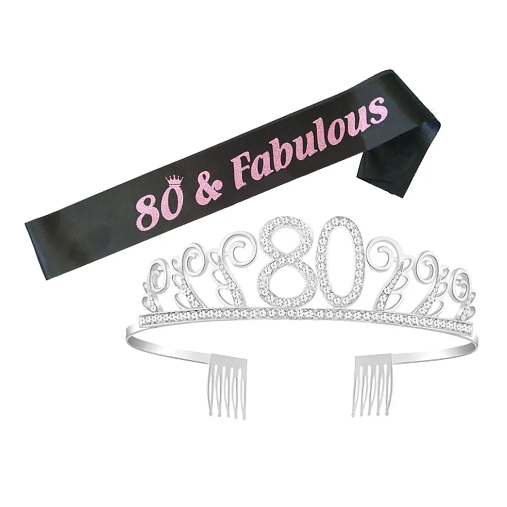 

Elegant 80th Birthday Crown with Crystal Hair Comb and Adjustable Party Sash for Women 80 Years Old Celebration Decorations