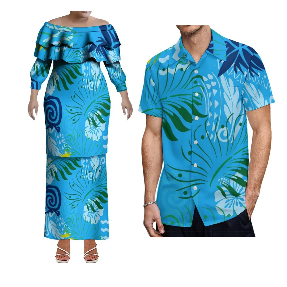 폴리네시안 아일랜드 스타일 커플 세트 3D 프린팅 플로럴 풀레타시 여성용 투피스 세트 & 남성용 반팔 셔츠