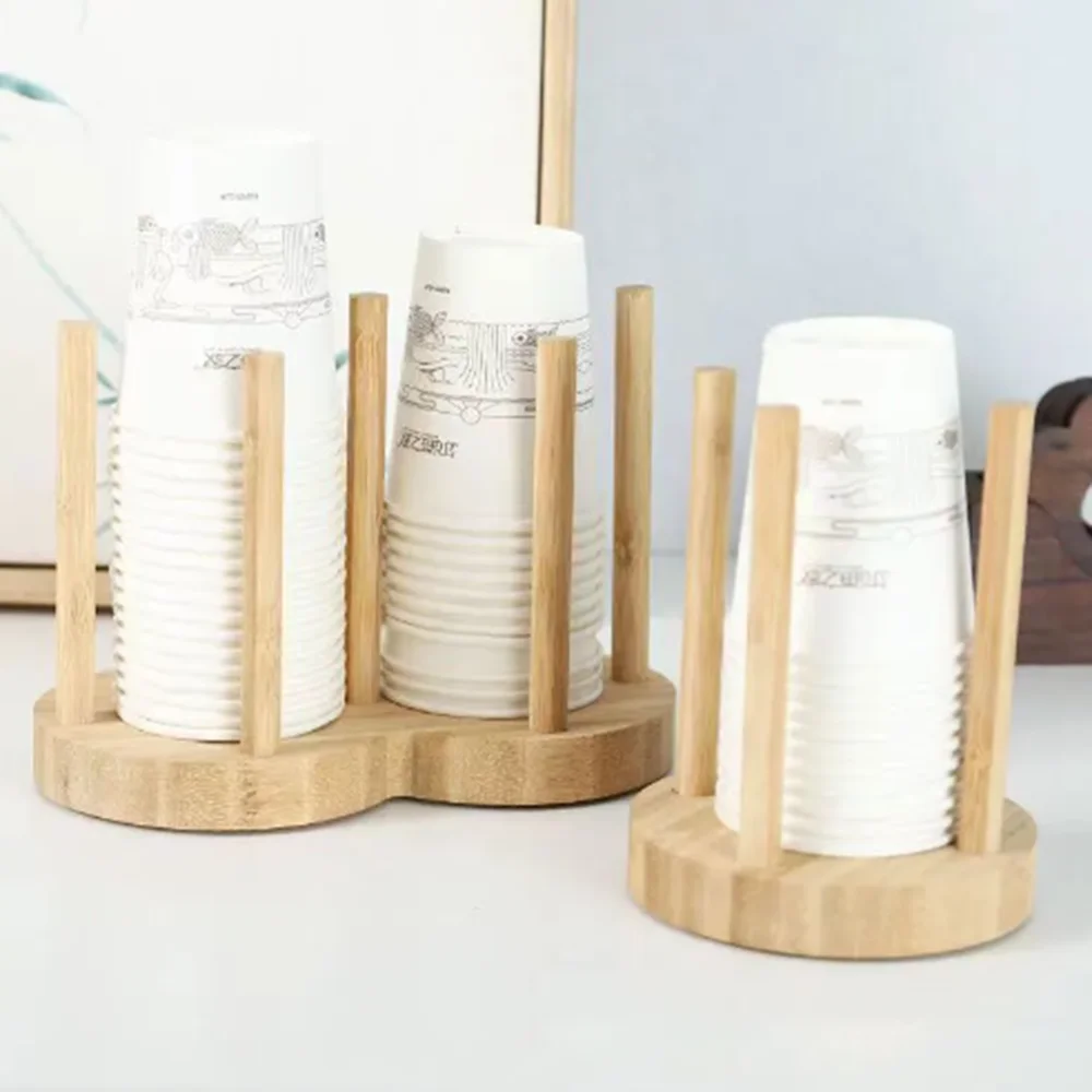 Bamboo Wooden Cup Storage Rack Creative Round DIY Household Cup Holder For Disposable Paper Cup Counter Desktop Storage Rack