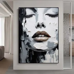 Sleeping Beauty Abstract Face Painting Black and White Textured Handmade Painting Palette Knife Wall Art Living Room Wall Decor