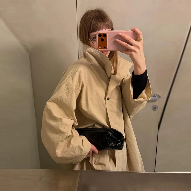 Stehkragen Langer Einfarbiger Damen-Trenchcoat Langarm Doppelreihig Locker Geschnittener Damen Frühling Herbst Mode Lässige Damenjacke 2026 – Detail 5