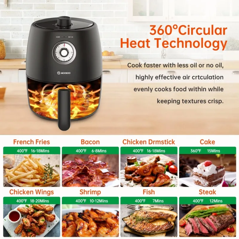 Moosoo Pequeno Compact Mini Air Fryer, 2Qt Capacidade, Controle De Temp Ajustável