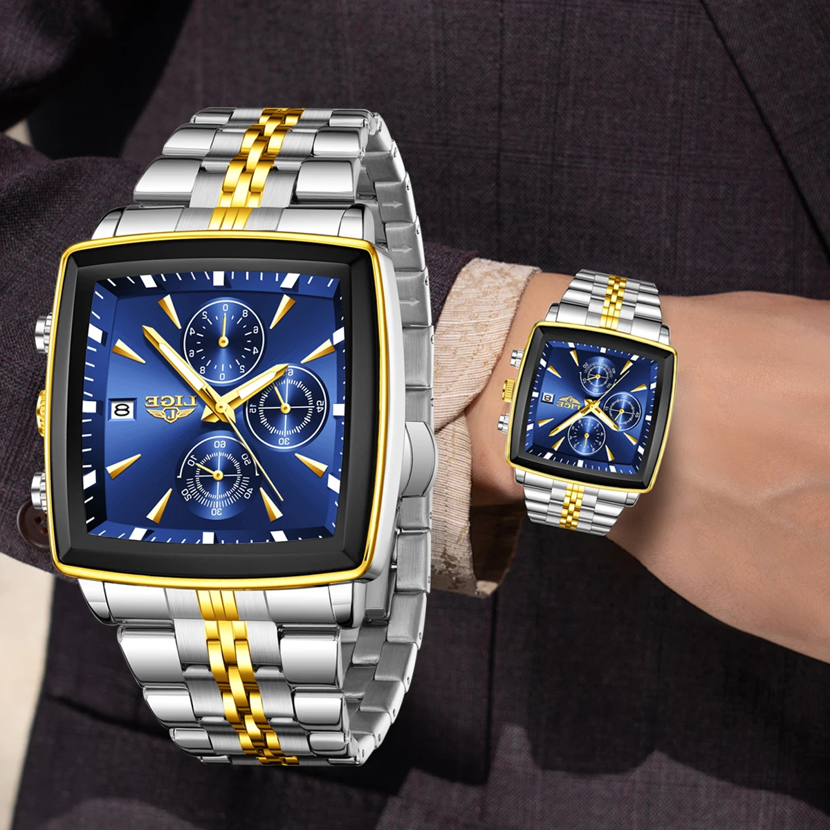 

LIGE повседневные деловые мужские часы квадратные кварцевые часы дата светящиеся мужские деловые часы с динамическим дизайном Reloj Hombre мужские подарки + коробка