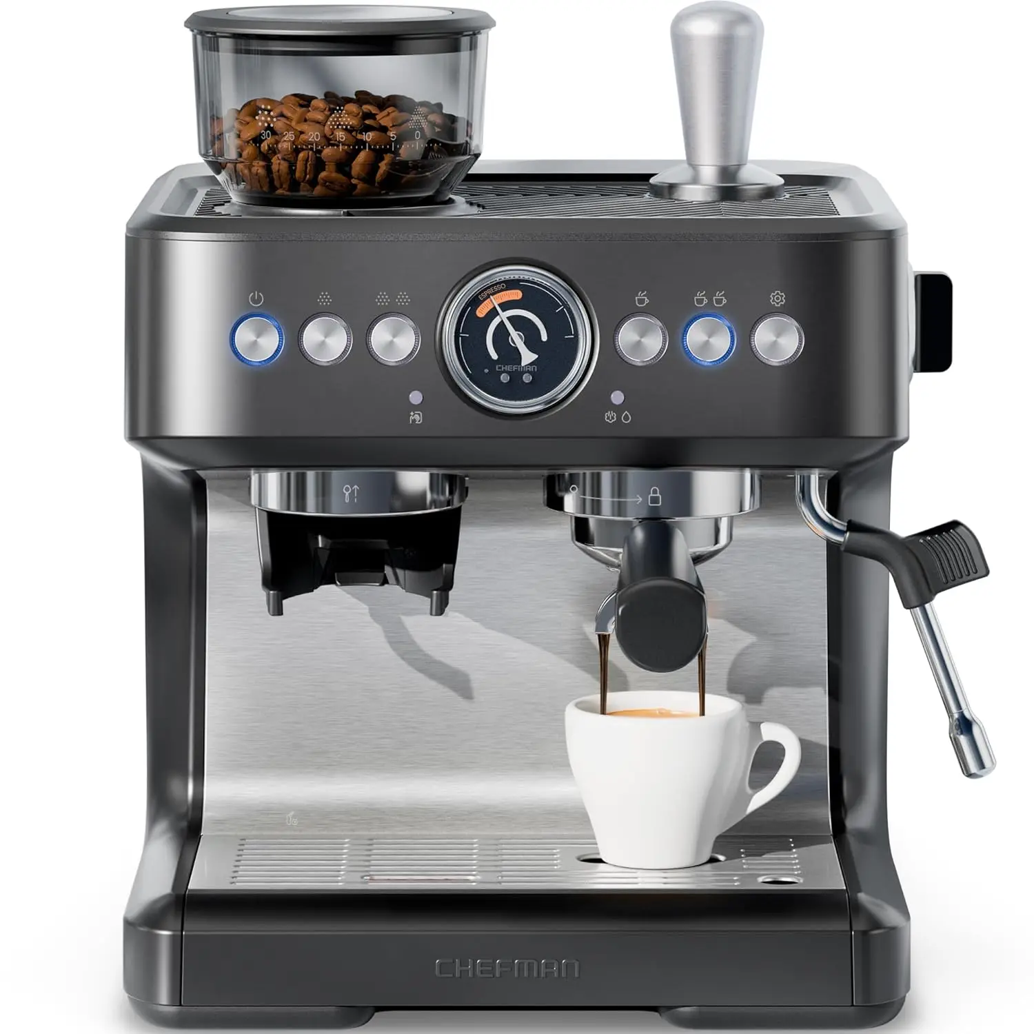 

Deluxe Espresso Machine with Double Boiler, Milk Frother, and Coffee Grinder for Simultaneous Brewing