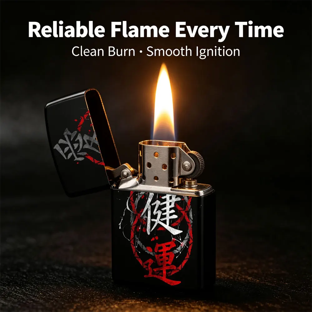 Pocket Lighter, Flip-Top Windproof Design, Red & Black Chinese Symbol Print, Metal Case, Comfortable Grip, Portable & Durable