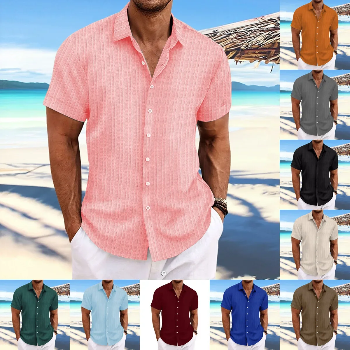 2024 Summer Clothing Cotton and Linen Striped Men's Short Sleeve Jacquard Casual Loose Men's Shirt British Style