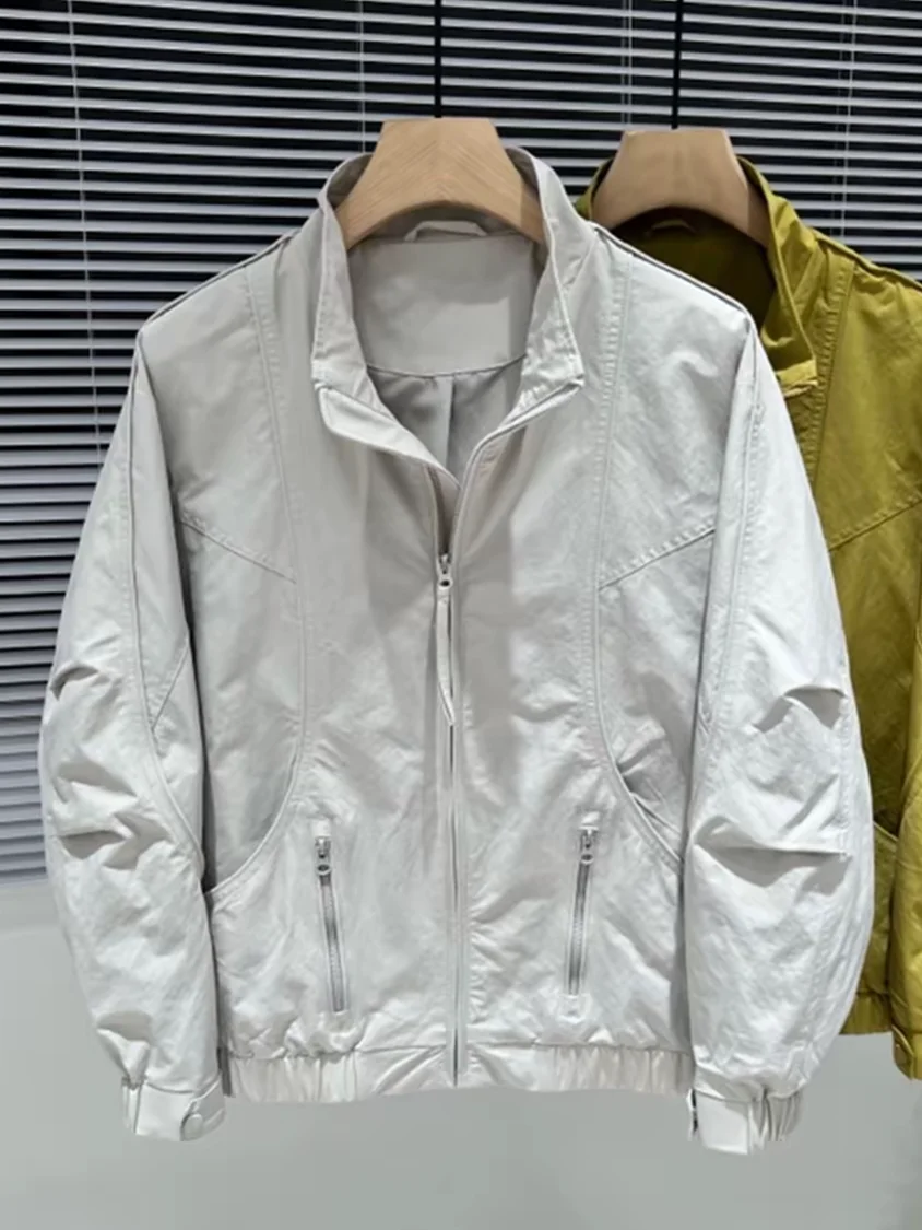 Spring New Men's Stand Collar Casual Jacket Loose Versatile Trendproof Windproof Simple  Color Workwear Top Zipper Decor...