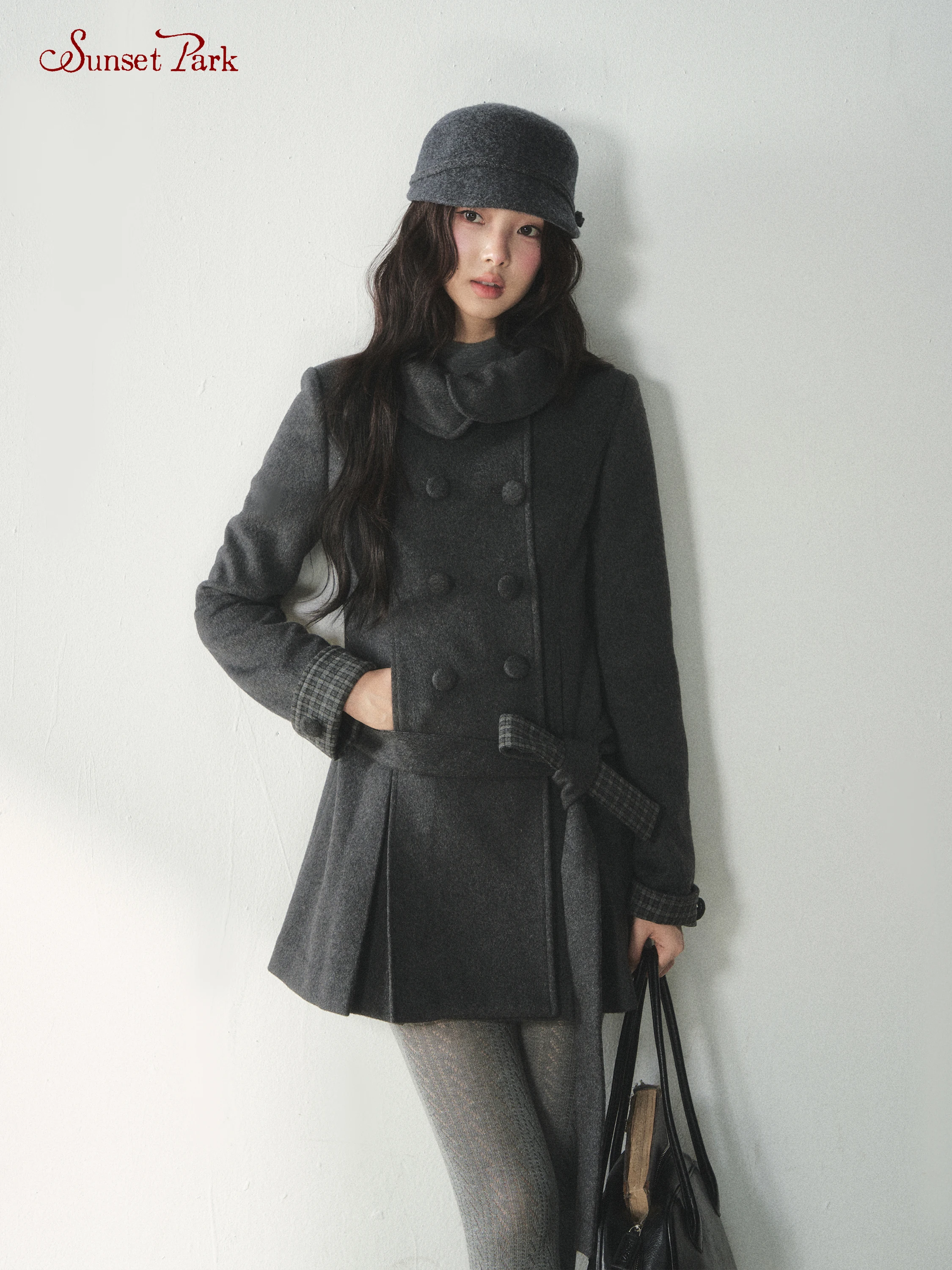 SunsetPark Vintage Plaid Woolen Coat Doll Collar Double Buttoned Thick Warm Women's Autumn Winter Outerwear Regular Sleeve