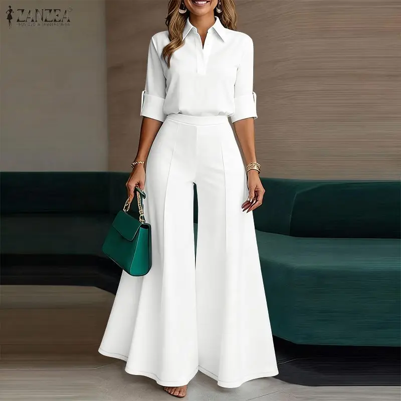 ZANZEA Elegante Damen-Hosenanzüge, halb geknöpftes Langarmhemd und Hose mit weitem Bein, 2-teiliges Set, lässige Bürokleidung für Damen