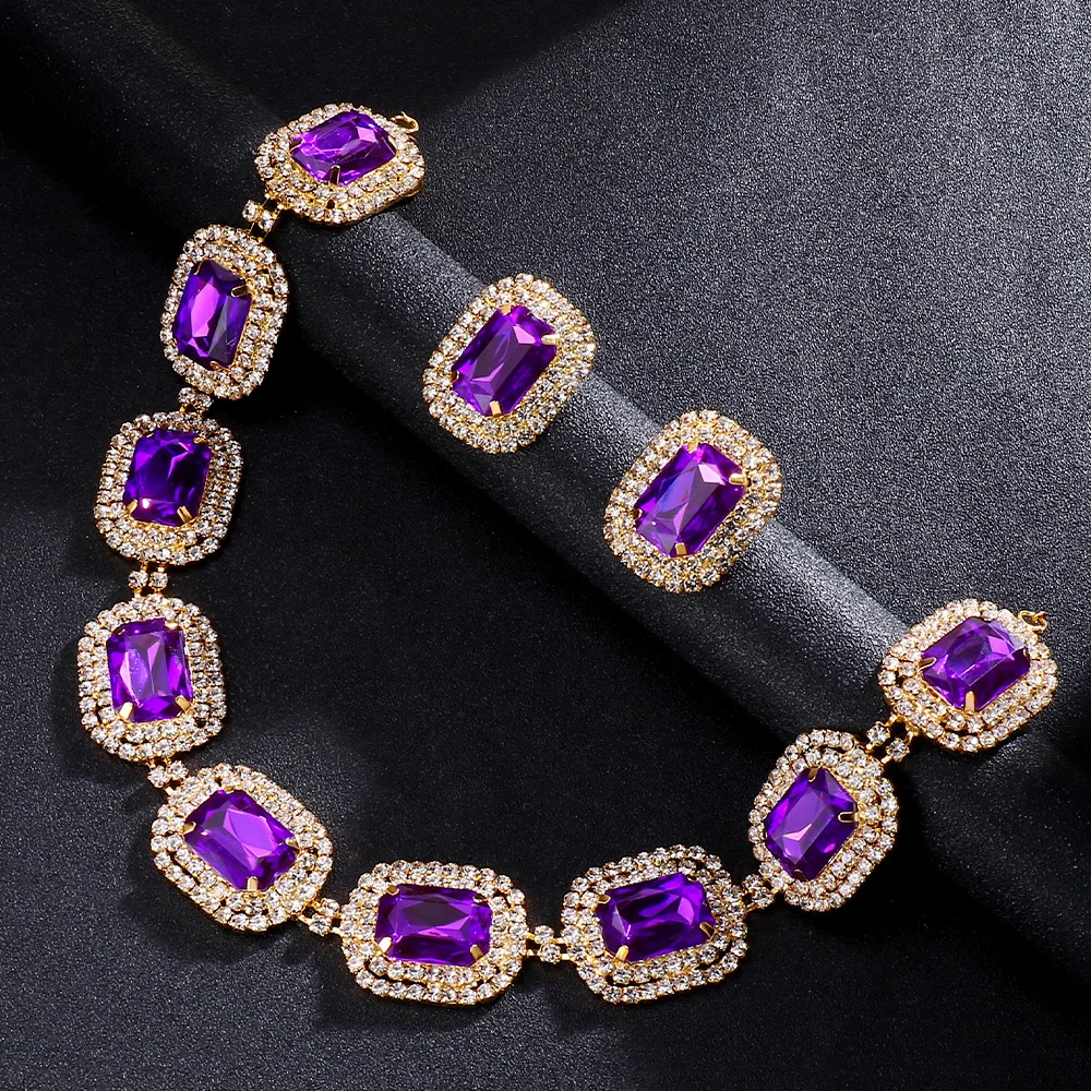 Stonefans Rhinestone Purple Necklace Earrings Set Elegant Bride Wedding Vintage Bridal Jewelry High Quality Accessories Women