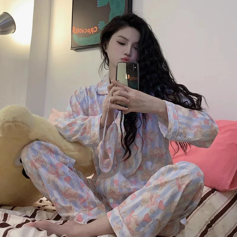 

2024 Spring New Milk Fiber Luxury Women's Pajamas Lapel Cardigan Womens 2 Piece Outfit Set Cute Cat Printing Pajama Suit Women