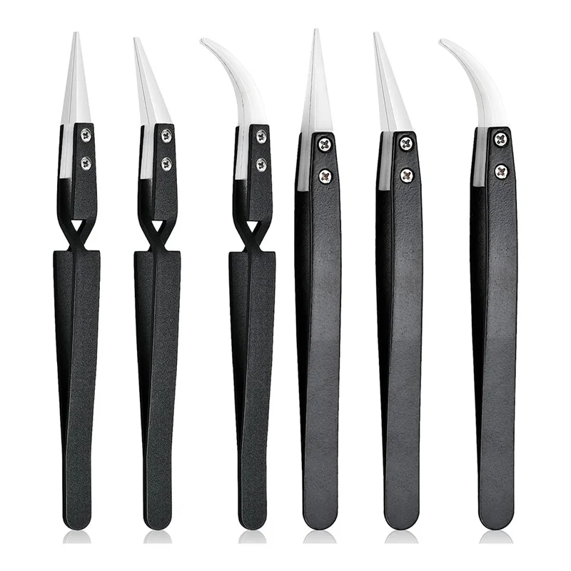 6Pcs Precision Reverse Ceramic Tweezers Set, Resistant Electronics Soldering Tweezers Anti-Magnetic Pointed for Solder A