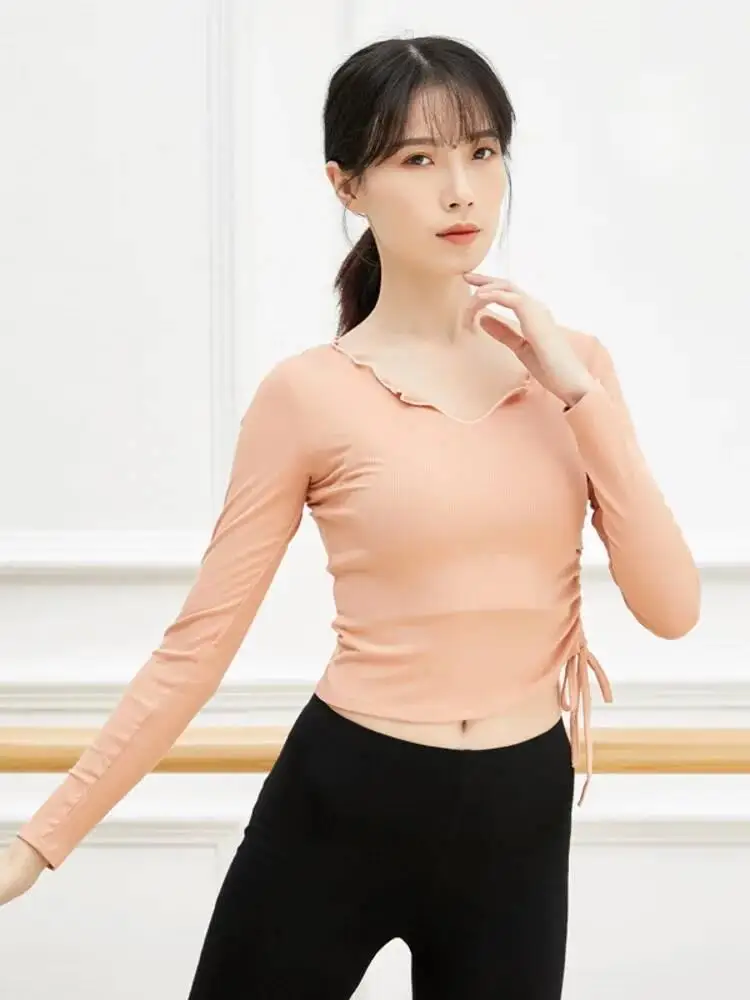 Damen-Top für modernen Tanz, schmal geschnitten, mit verstellbarem Kordelzug, schlichtes Langarmshirt für das zeitgenössische Jazz-Bühnenübungen