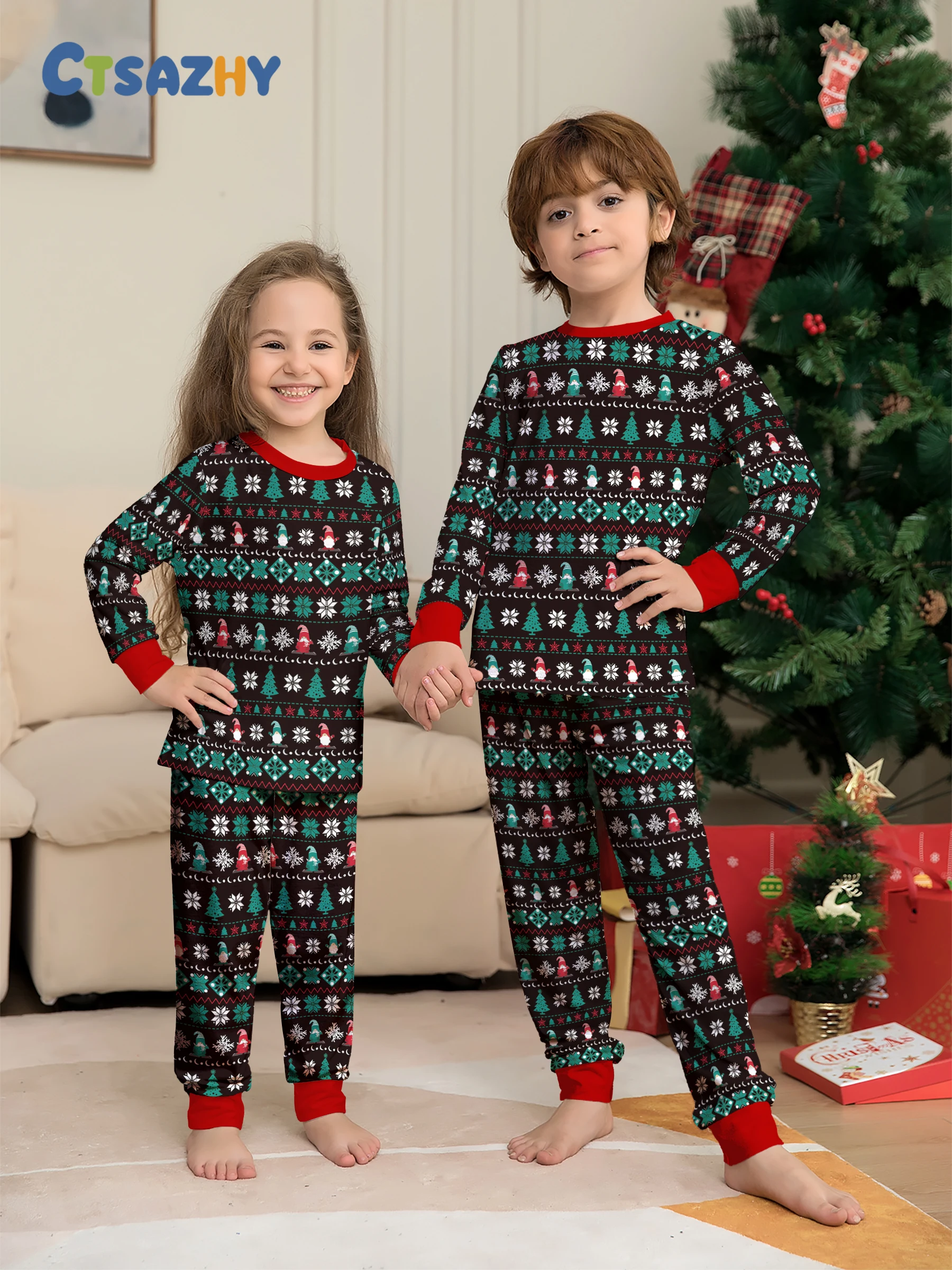 

Christmas Matching Pajamas for Kids Ugly Sweater Style Green Red Christmas Tree Snowflake Sleepwear