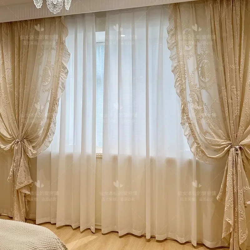 Cream Gauze Sun-proof and Light-impermeable French Retro Romantic Custom Size Curtains for Living Dining Room Bedroom Window